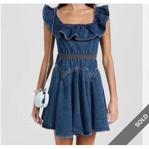 Self-portrait denim ruffle dress mini flirty open back with bow size 8 feminine